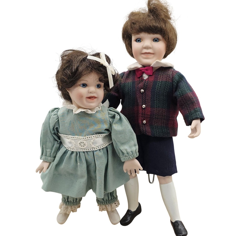 Porcelain Child Dolls Set Of 2 Blue‎ Eyes Brown Hair Plaid Sweater Green Dress
